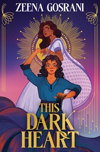 Book cover for THIS DARK HEART: title in gold on purple illustration of two brown girls with gold sunburst behind them