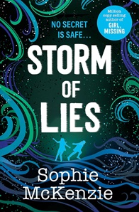 Book cover for STORM OF LIES: title in white on blue and green waves and two figures running across them