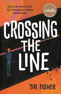 Book cover for CROSSING THE LINE: title in whtie on black diagonal stripes across an orange background