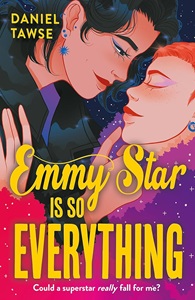 Book cover for EMMY STAR IS SO EVERYTHING: title in yellow on illustration of two white kids holding each other