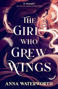 Book cover for THE GIRL WHO GREW WINGS: title in white on illustration of a grl with smoke around her