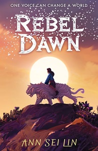 Book cover for REBEL DAWN: title in white on orange and purple above a girl on a tiger