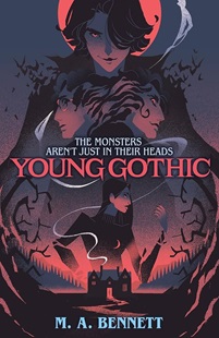 Book cover for YOUNG GOTHIC: title in red on grey, red, and purple graphic of faces above a house