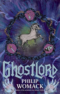 Book cover for GHOSTLORD: title in blue on purple below a horse in a circle