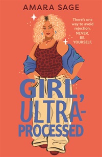 Book cover for GIRL ULTRA PROCESSED: title in blue on pink with graphic of a girl with curly hair