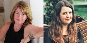 Side by side images of two white women, one whith blonde hair and the other with dark hair