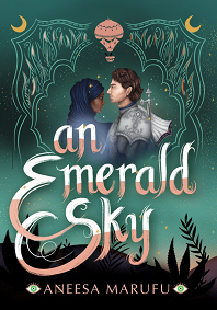 Book cover for AN EMERALD SKY: title in white and pink on green background below illustration of a hijabi woman and a man in armour facing one another