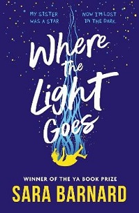 Book cover for WHERE THE LIGHT GOES: title in white on blue with a yellow girl falling, the ripples like jellyfish
