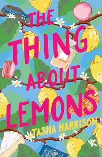 Book cover for THE THING ABOUT LEMONS: Title in pink on graphic of