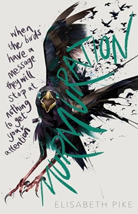 Book cover for MURMURATION: title in blue on illustration of a black bird on white