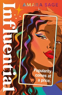 Book cover for INFLUENTIAL: title in white rotated 90 degress next to graphic of a girl in makeup