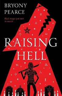 Book cover for RAISING HELL: title in white on red dog head on black with a girl holding a machette