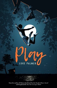 Book cover for PLAY: title in orange on navy below a boy leaping into water
