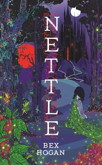 Book cover for NETTLE: title in white on purple illustration of a girl in a forest