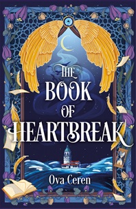 Book cover for BOOK OF HEARTBREAK: title in white on blue graphic of  a lighthouse in a border of wings and papers and candles