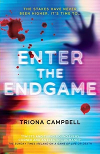 Book cover for ENTER THE ENDGAME: title in white on blue and yellow blur with bloody handprint