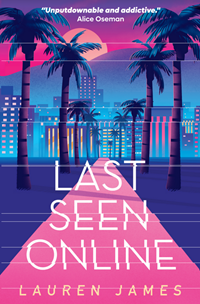 Book cover for LAST SEEN ONLINE: title in white on blue and pink city scape with palm trees