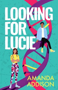 Book cover for LOOKING FOR LUCIE: title in white on bright blue with graphic of a boy and girl sitting on a double helix