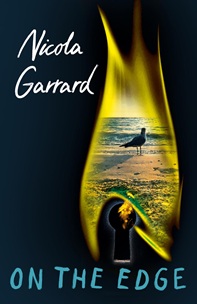 Book cover for ON THE EDGE: title in blue on black below beach with a bird on seem through flames