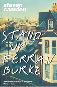 Book cover for STAND UP FERRAN BURKE: title in white on faded photo of a terraced street