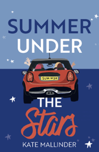 Book cover for SUMMER UNDER THE STARS: title in blue and white and red on split blue background and a graphic of a red car