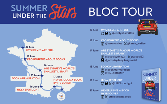 Blog tour graphic with list of participating bloggers in white on blue next to road trip map of France