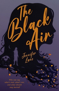 Book cover for THE BLACK AIR: title in gold on black silhouette of a girl's head on purple