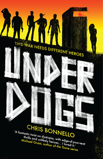 Book cover for UNDERDOGS: title in white on black at a slant with silhouettes of people against a sunset sky
