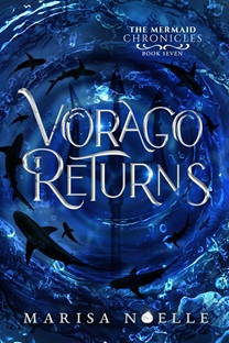 Book cover for VORAGO RETURNS: title in silver on sharks circling in dark blue water