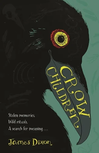 Book cover for CROW CHILDREN: title in yellow on beak of illustrated crows head