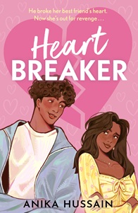 Book cover for HEARTBREAKER: title in white on pink background above illustration of a Brown boy and girl
