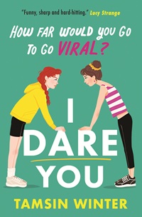 Book cover for I DARE YOU: title in white on green with graphic of two white girls leaning in for a staring contest over the title