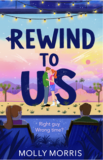 Book cover for REWIND FOR US: title in blue on illustration off people watching a love scene on a screen