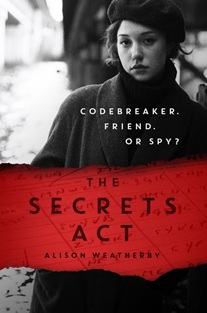 Book cover for THE SECRETS ACTS: title in black on red across black and white photo of a girl in a beret