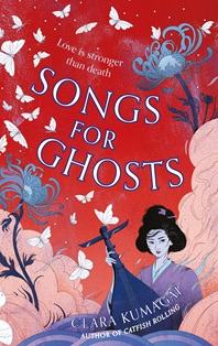 Book cover for SONG OF GHOSTS: title in white on red with illustration of a girl with a lute-like instrument