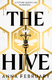 Book cover for THE HIVE: title in black on white with gold hexagons and a bee pierced by a sword