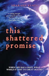 Book cover for THIS SHATTERED PROMISE: title in pink on dark blue illustration of a face made from clouds