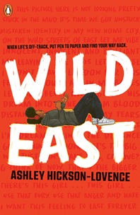 Book cover for WILD EAST: title in white on orange with graphic of a Black boy lying on the words