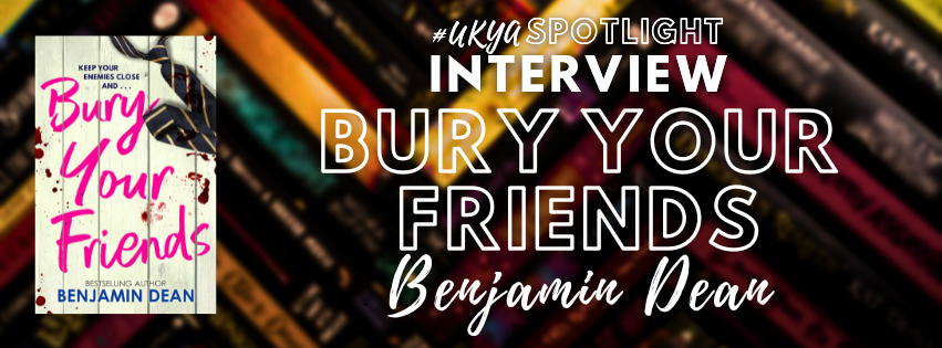 Title in white on blurred black, red, and gold book spines next to book cover