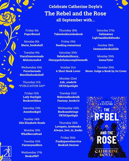 blog tour graphic with list of participating bloggers in gold on blue with image of book and gold roses in top left corner