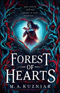 Book cover for FOREST OF HEARTS: title in white on indigo below illustration of a woman holding a heart surrounded by red and blue roots