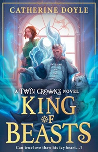 Book cover for KING OF BEASTS: title in gold on blue illustration of a white man with blonde hair lounging on a throne with a while girl with red hair standing behind him