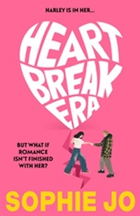 Book cover for HEARTBREAK ERA: title in white in the shape of a heart on pink above illustration of a white boy holding a white girl's hand as she steps over a crack