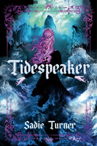 Book cover for TIDESPEAKER: title in white on blue graphic of a girl with purple hair facing away from the viewer, water around her