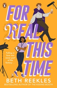 Book cover for FOR REAL THIS TIME: title in purple on orange with illustration of a boy and girl leaning on the words