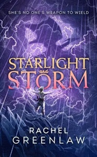 Book cover for STARLIGHT AND STORM: title in pink and orange ombre on purple illustration of a girl in a storm with a dragon shadow above
