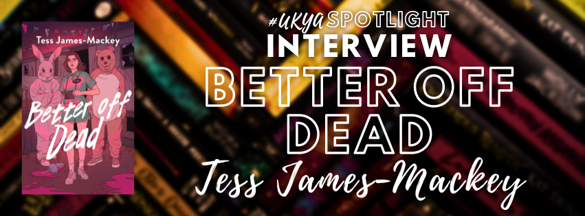 Title in white on black, red, and gold blurred spines next to pink book cover