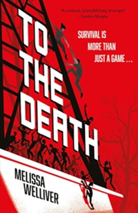 Book cover for TO THE DEATH: title in white on scaffolding people are climbing up on red