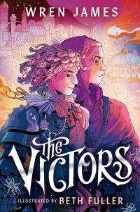 Book cover for THE VICTORS: title in white on pink illustration of two people looking off page