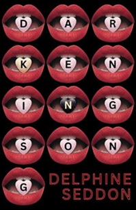 Book cover for DARKENING SONG: title in black on white hearts held in red mouths all on black